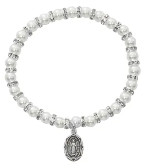White Baby Stretch Bracelet and Pewter Medal Boxed  - BR43