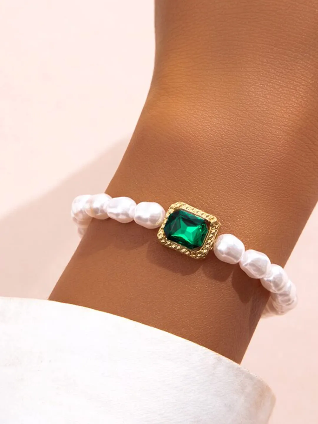 Yellow Chimes Bracelet for Women and Girls Pearl Bracelets for Girls | Gold Toned Pearl Beaded Green Crystal Pearls Bracelet | Birthday Gift For girls and women Anniversary Gift for Wife